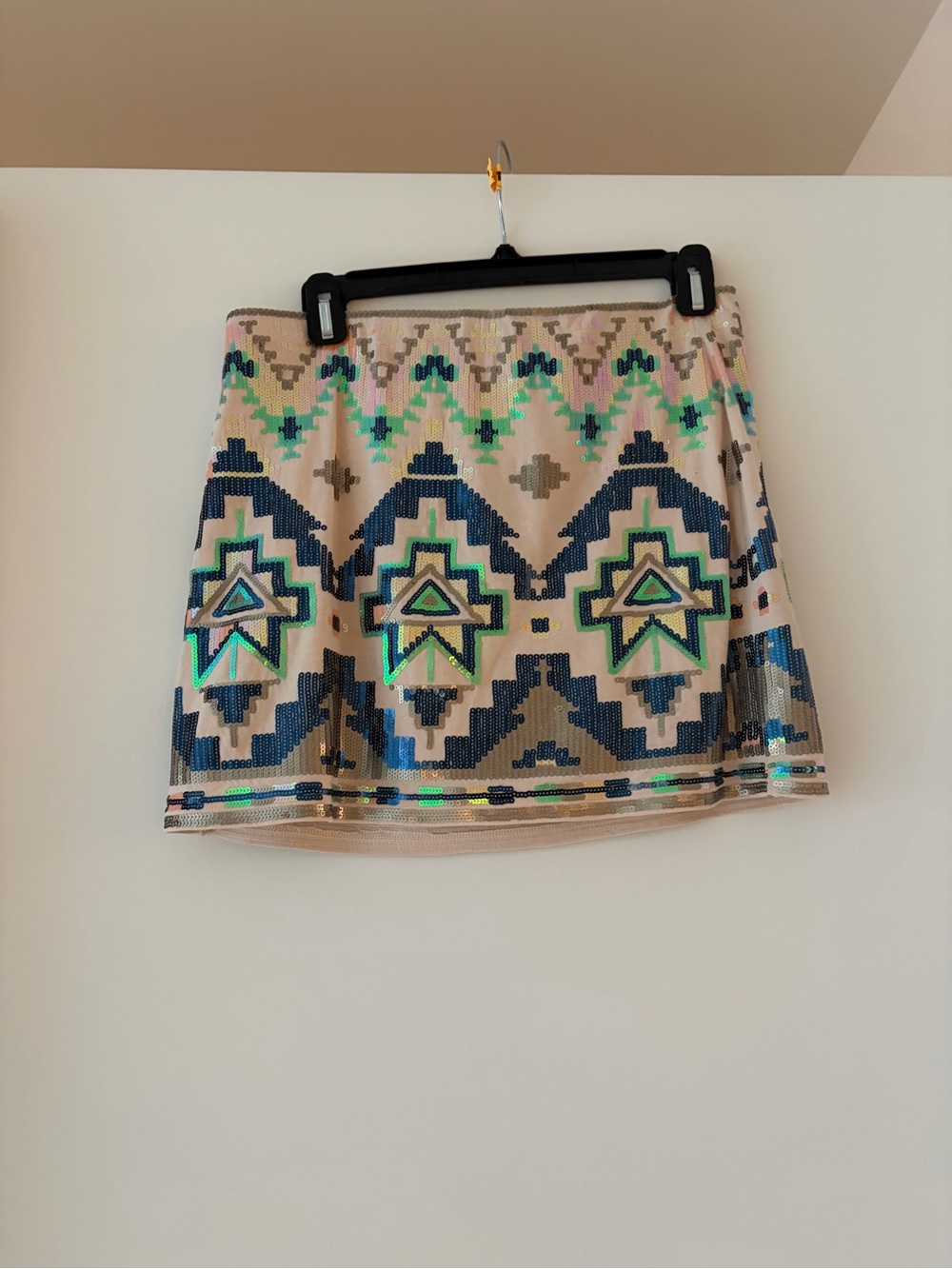 Express Beige Mini Skirt with Navy, Teal & Green Sequin Geometric Pattern